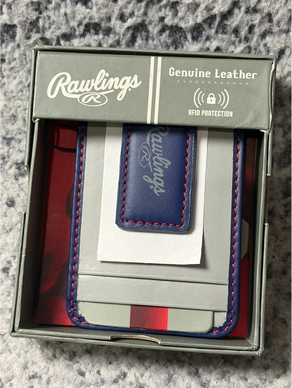 Rawlings Baseball Stitch Front Pocket Wallet Gray Blue Leather RFID RS10083 NWT